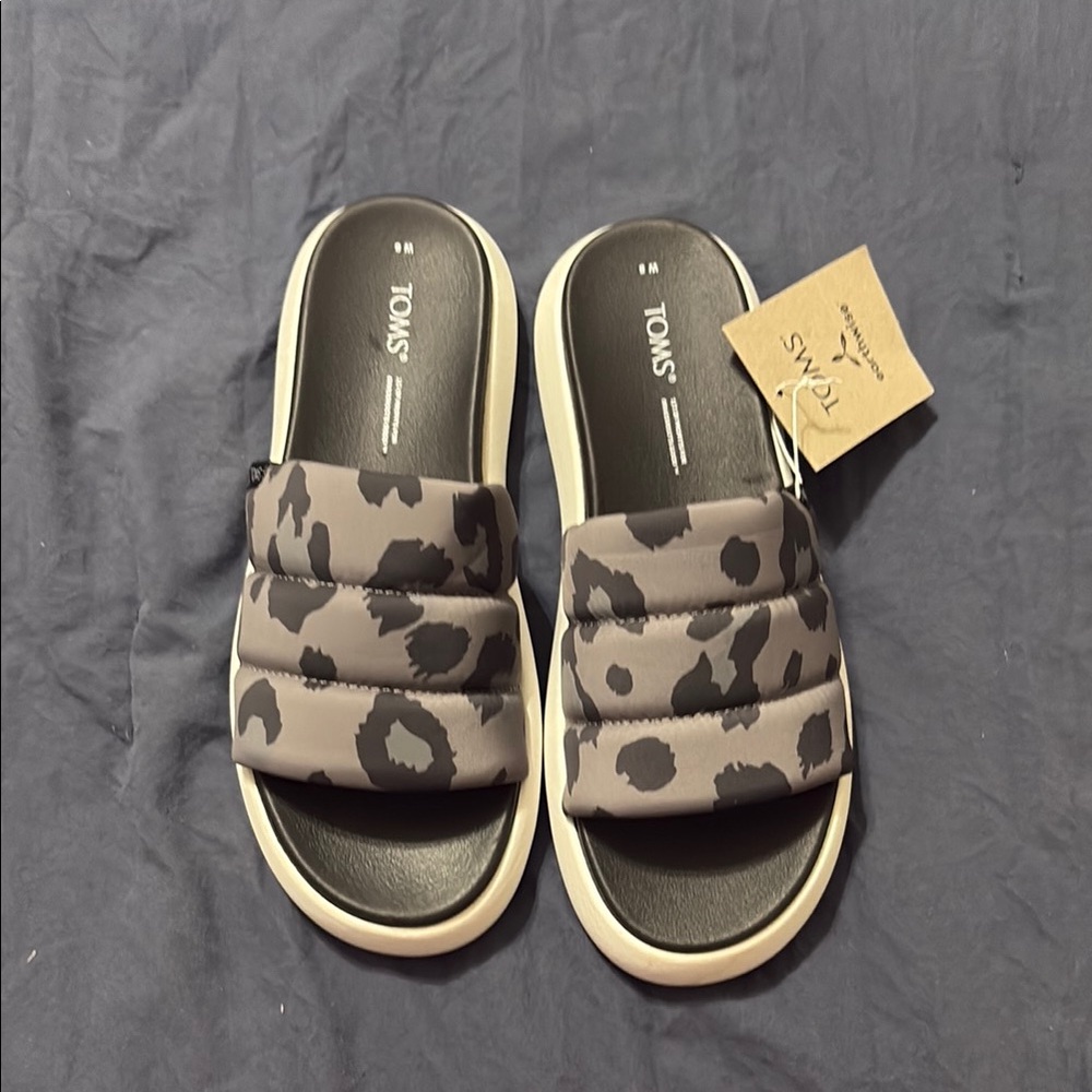 TOMS Black and Gray Patterned Slide Sandals